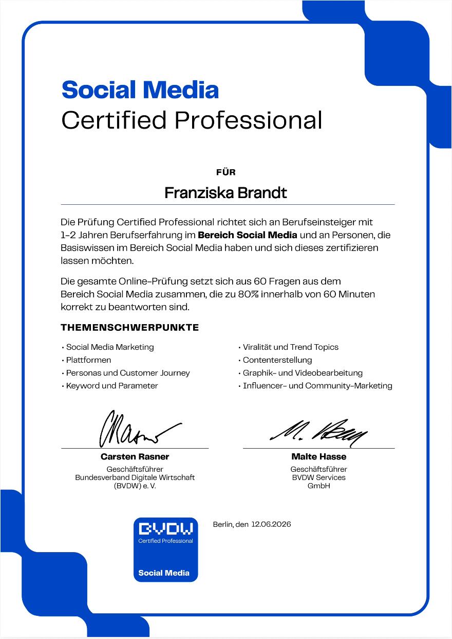 Social Media Certified Professional – BVDW